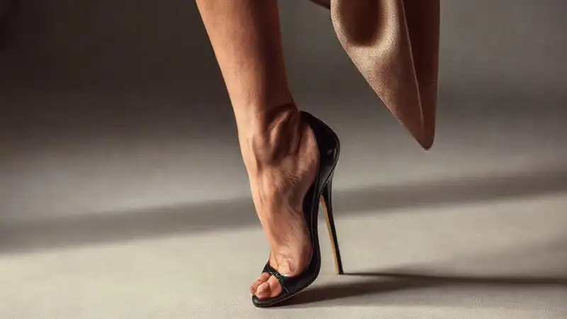 Mujer elegante, pie y moda estilizada